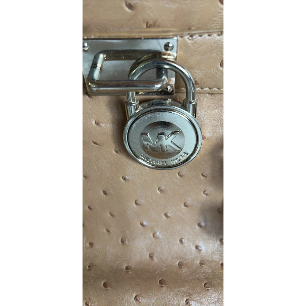 Michael Kors Hamilton Large Ostrich Embossed Leather Satchel Tote Tan Beige